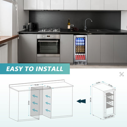 EUHOMY 15 Inch Beverage Refrigerator Cooler Under Counter 127 Cans Beverage Fridge with Glass Door Wine Cooler