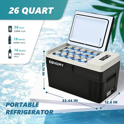 EUHOMY 12V Portable Car Refrigerator, 25L with APP Control, Black & Gray – Quiet, Compact, Travel-Ready